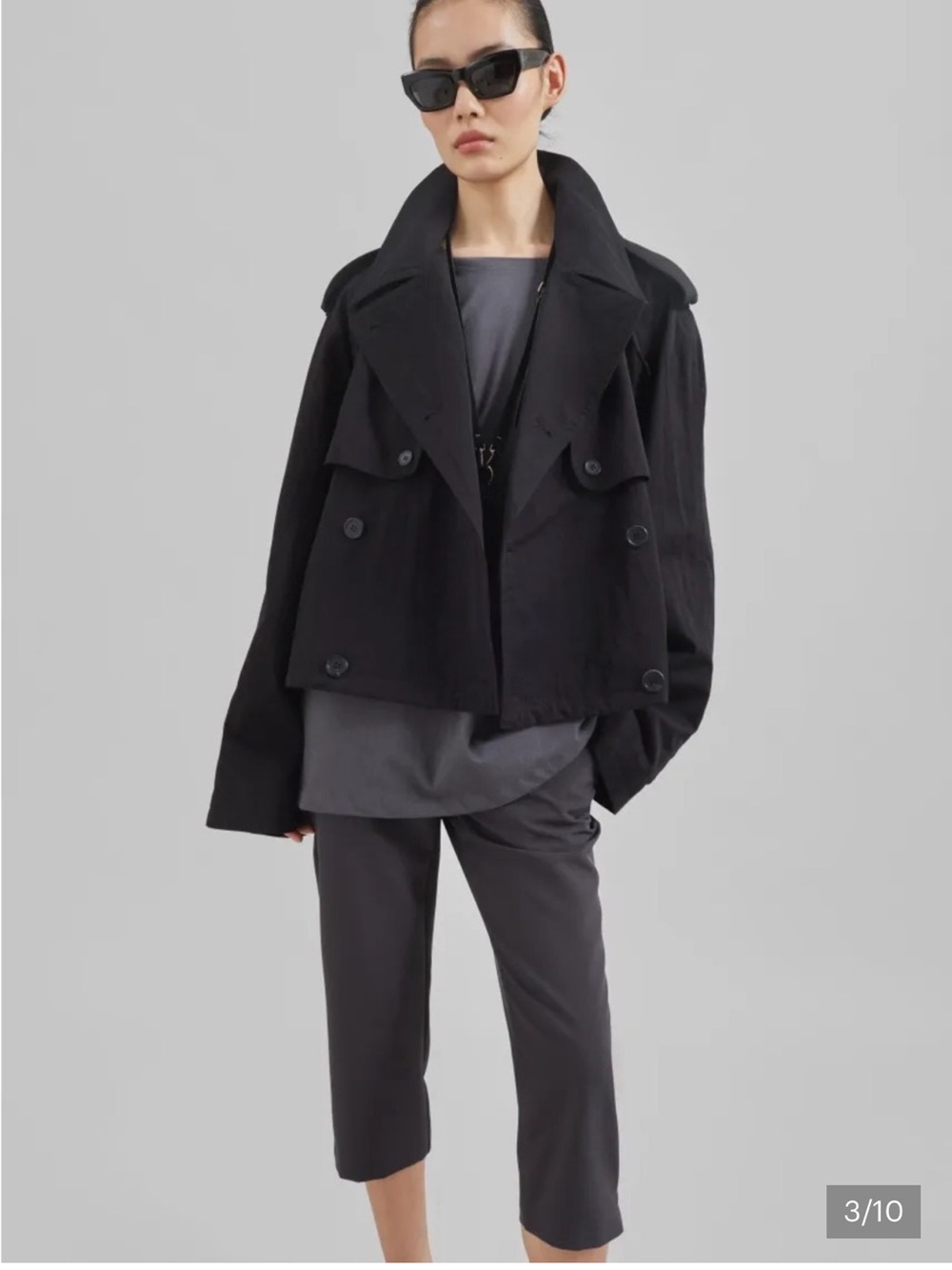 The Frankie Shop Black Cropped Double-Breasted Trench Jacket